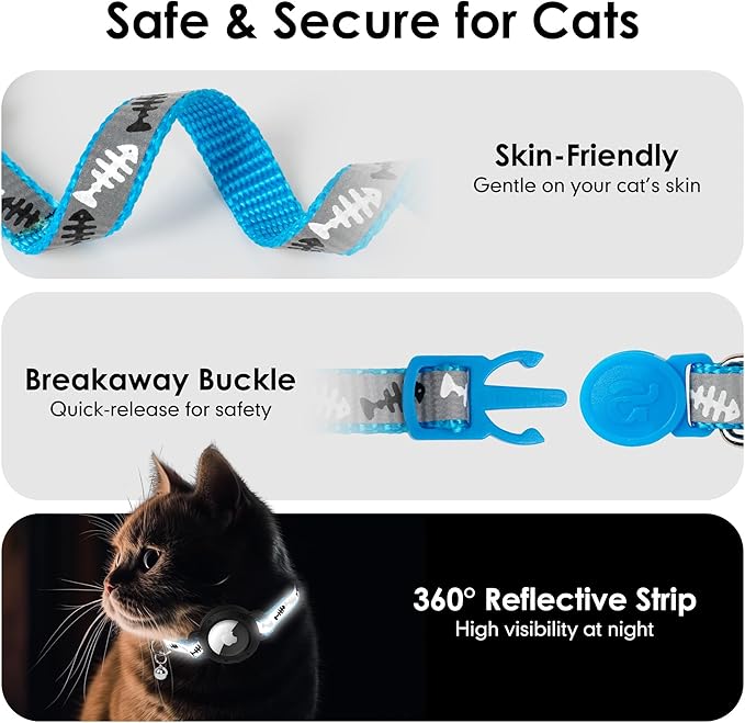 azuza AirTag Cat Collar with Reflective Fish Pattern, Breakaway Safety Collar with Lightweight Design, Apple AirTag Holder and Bells, Adjustable for Cats(9-13")
