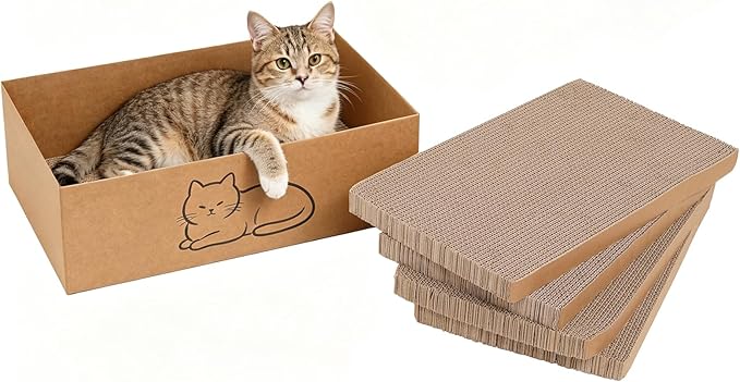 Multi-Use Cat Scratcher, 17.5" Large Cat Scratcher Pad 5 Pcs with Box, Eco-Friendly Reversible Cardboard Cat Scratcher Lounge for Indoor Cats and Kittens, Post and Furniture Protector