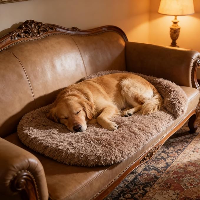Orthopedic Dog Bed with Egg-Crate Base, Calming Dog & Cat Beds Long Plush with Raised Edges, Spine Friendly Pet Sleeping Mat for Small Medium Dogs, Machine Washable (Oval, Brown 26"x20")