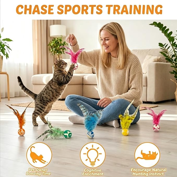 7Pcs Bouncy Balls for Cats, Cat Tools with Feathers, Feather Tool for Indoor Cats and Multi-Cat Households(Random Color)