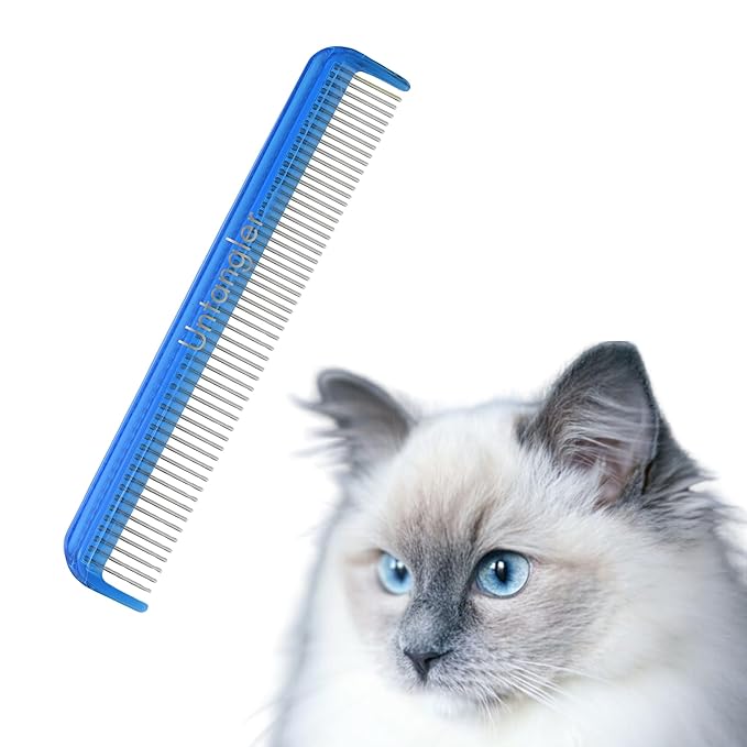 Cat Comb - 7" Dual-Spaced Rotating Teeth Comb, Blue - Stimulates Natural Oil Production, Prevents Static Build Up, Made in USA, Vet Recommended, Hand Assembled