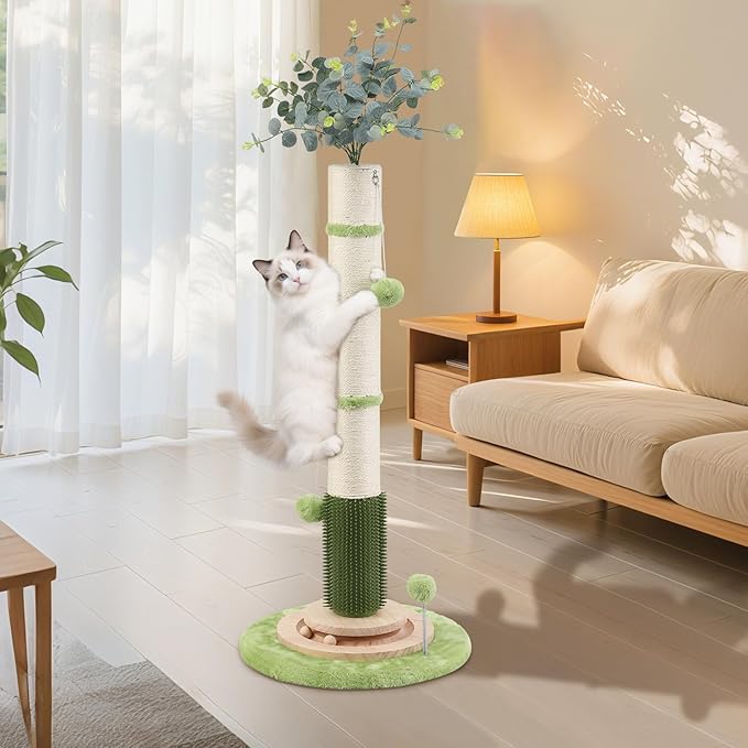 45'' Extra Tall Cat Scratching Post for Large Cats,3.5Inch Natural Sisal Scratcher with Solid Wood Base,Stable Cat Scratch Post with Interactive Toy,Self Groomer,Climbing Pole for Full Body Stretching