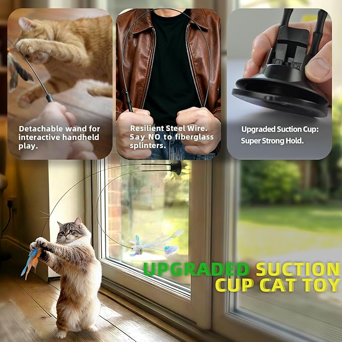 Upgraded Dual-Hole Suction Cup Cat Wand Toy - Single Base Holds 2 Steel Wire Wands - 9-Piece Interactive Teaser Set for Self-Play & Handheld, Perfect for Multi-Cat & High-Energy Kittens