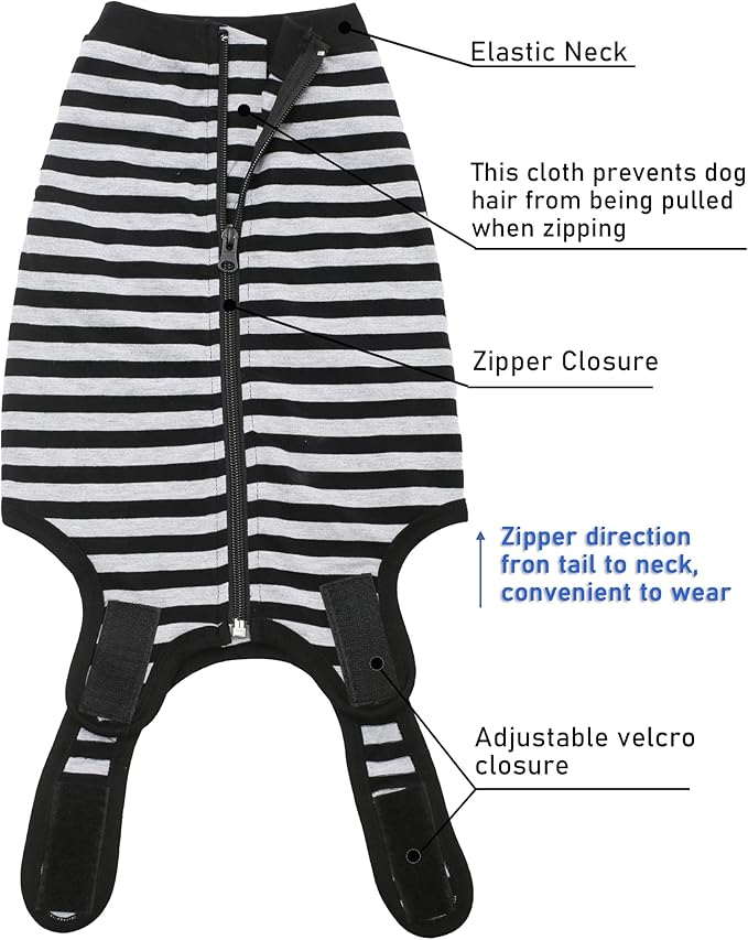 Dog Recovery Suit,Surgery Female Male Dog Shirt,Spay,Neuter Recovery Clothes,Zipper Closure Cotton Striped Wounds Protect Suit,Black Striped XS