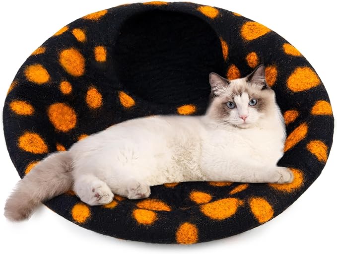 Woolygon Premium Felt Cat Cave Bed – Wool Kitty Beds Handcrafted Kitten Caves Bed for Indoor Cats - Made from Merino Wool, Foldable Cat Hideaway Covered Cat House Pod (Black Polka)