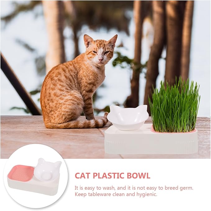 VANZACK Cat Grass Feeder Bowl with Water Container, Multi-Function Hydroponic Catnip Planting Box, Protective Pet Feeder for Indoor Cats, Pink Integrated Feeding and Watering Supply