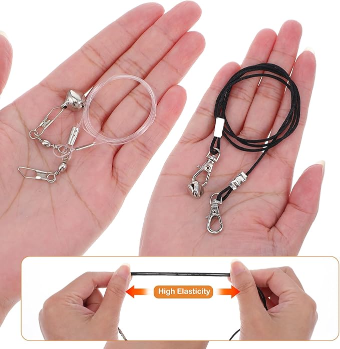Amabro 8Pcs Cat Wand Replacement Strings with Built-in Bells Lobster Clasps Elastic Refill Wires for Cat Teaser Wand Toy All Lures Universal Fit(4 Pcs Black Rope + 4 Pcs Transparent Fishing Line)