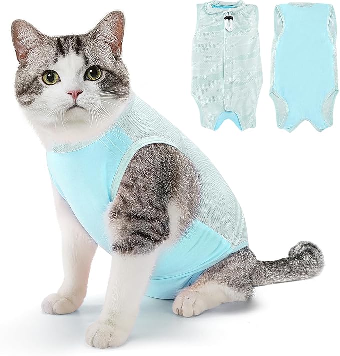 SlowTon Cat Recovery Suit - Onesie After Surgery for Female Male Kittens, Clothes Surgical Spay Suit for Abdominal Wounds, E-Collar Alternative Bodysuit Anti-Licking (Light Blue, S)