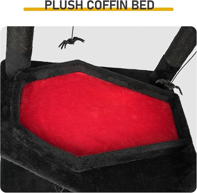 Gothic Halloween Cat Tree with Coffin Bed, 2-Level Cat Tower with Scratching Post & Spider Toys, Red Black Cat Furniture for Large Indoor Cats