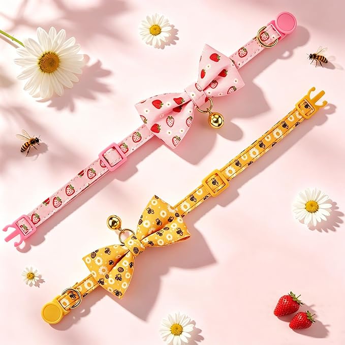 2 Pack Cute Cat Collar with Bow Tie & Bell, Adjustable Strawberry/Daisy Print Kitten Collars with Safety Breakaway Buckle for Cats & Small Dogs(Bee+Staw)