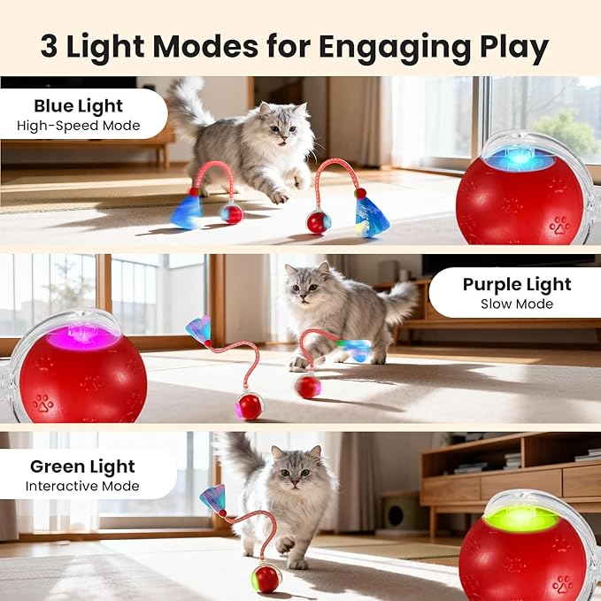 Rocfish Cat Toys, Cat Toys for Indoor Cats, Cat Toys Interactive, 360° Rotating Automatic Interactive Cat Ball, Smart Activation, LED Light, Type-C Rechargeable, 3 Replaceable Dragonfly Tails (Red-N)