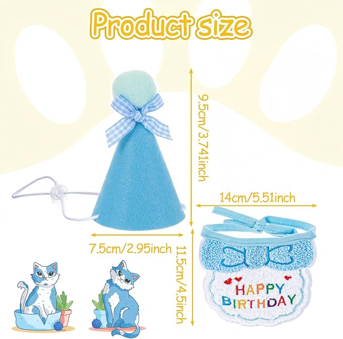 Tyqour Cat Birthday Hat Birthday Hats for Stuffed Animals Dog Party Hat Birthday Party Decorations Set for Small Medium Cats & Dogs (Blue)