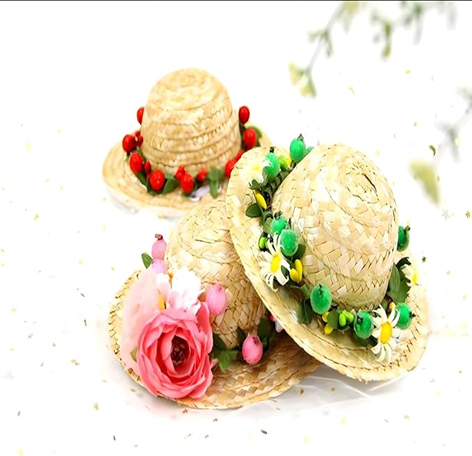 NACOCO Cat Hat Sunflower Straw Hat Handcrafted Rose Lovely Sun Cap Accessories for Small Dogs and Cats Photograph (M, Pink Rose)