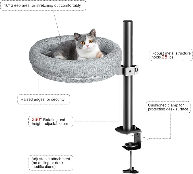 Cuipingoo Cat Desk Bed - 360° Rotating & Adjustable, Supports 40 lbs, Soft Faux Fur with Dual-Sided Reversible Mat, Modern Indoor Cat Nest Furniture for Office Desks and Game Tables, Island Table