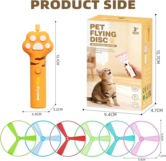 Wortade Cat Fetch Toy Launcher with 6 Flying Disc, Interactive Flying disc Launcher Toy for Indoor Cats, Cat Interactive Hunting Toys for Outdoor & Indoor Yellow