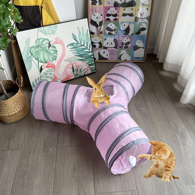 Cat Tunnel Tube Toy Collapsible 3 Way Pink Grey, Pet Tunnels for Indoor Cats, Play Tubes with Hanging Ball Perfect for Kitten, Puppy, Rabbit, Interactive Toys for Fun Playtime & Exercise
