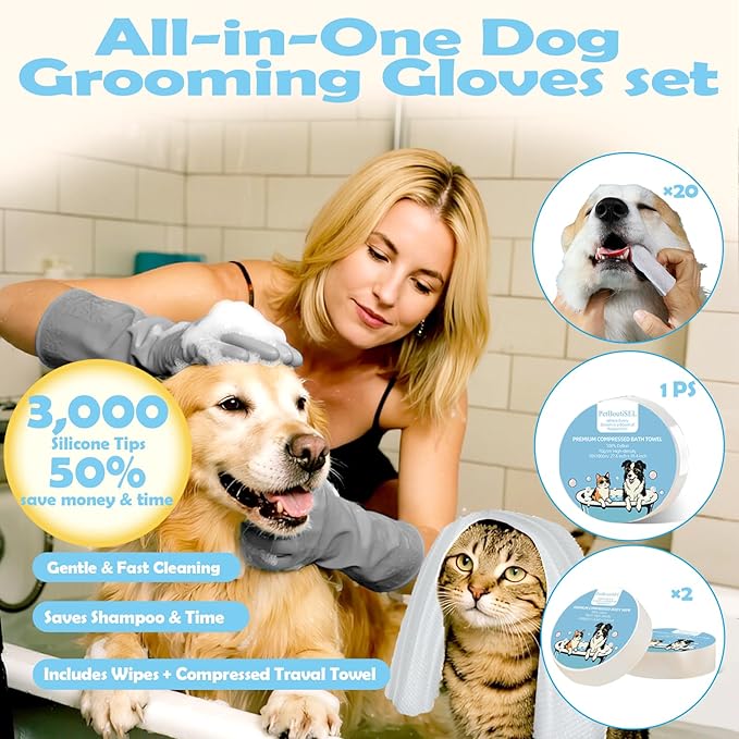 Pet Grooming Gloves Kit, Dog Washing & Cat Brush Glove with Silicone Bristles
