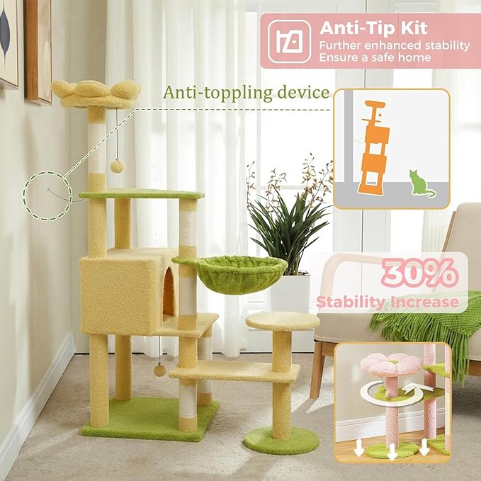 Flower Cat Tree 56 Inches，Large Cat Tower with Detachable Flower Cushions and Hiding Condo, Yellow Cat Tree with Hammock Bed, Interactive Toys and Scratching Posts for Indoor Cats
