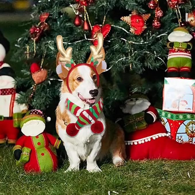 2Pcs Dog Christmas Outfit Dog Reindeer Costume Elk Antlers Headband and Red-White-Green Striped Scarf Set Pet Costumes Accessories for Dogs and Cats