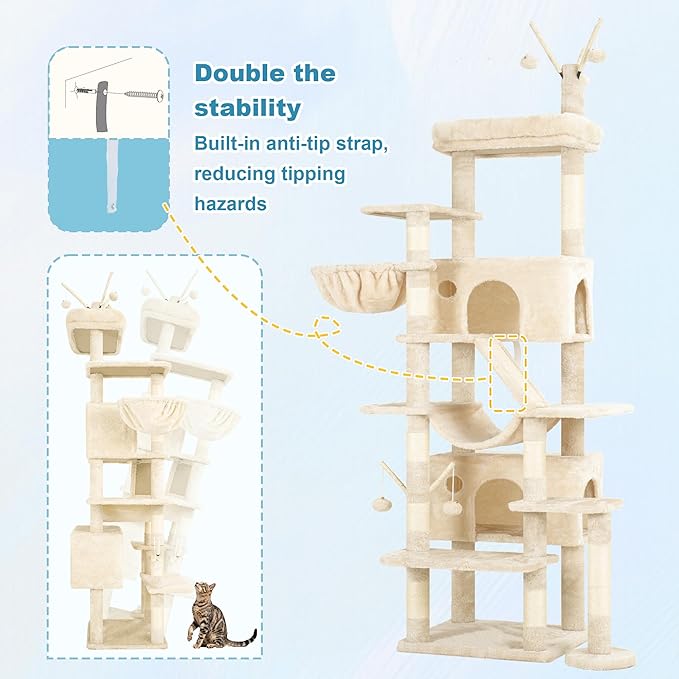 Hey-brother Cat Tree Tower, Sturdy Multi-Level Scratching Posts with Extra Supporting Part, 5 Teaser Toys, 2 Condos, Large Bed, Hammock, Scratch Baord for Indoor Cats, 82.7 Inches, Beige MPJ082M