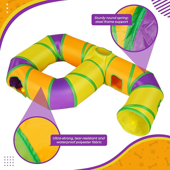 Cat Tunnel for Indoor Cats 6-Shaped, Collapsible Cat Playhouse Pet Play Tunnel Tube Maze with Hanging Pom-Poms and Interactive Hole for Kitten, Kitty, Puppy, Rabbits, Ferret, Guinea Pig