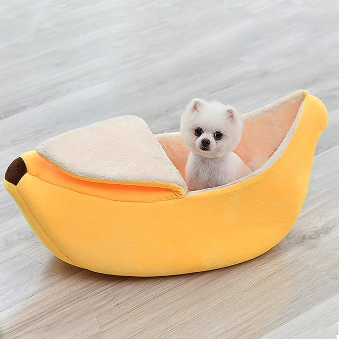 DULRLLY Banana Cat Bed,Creative Banana Shape Cat Bed for Indoor Cats Cute Cat Bed with Removable Pad Soft Plush Self Warming Cat Sleeping Bed for Winter Dogs and Cats Warm House Bed(M)