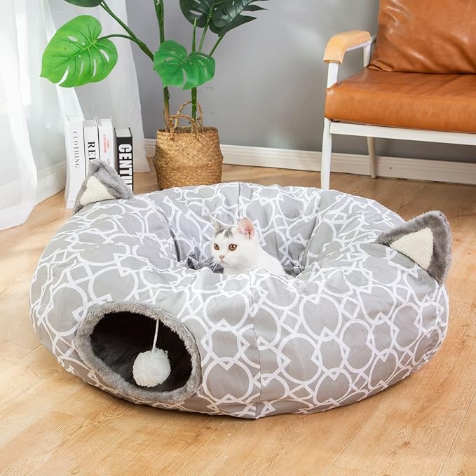 Geometric Cat Tunnel Bed Under Christmas Tree Oxford Outside with Plush Inside,Cats Toys Collapsible Tunnel Tube with Balls, for Rabbits, Kittens, Ferrets,Puppy 3FT