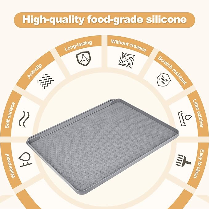 Cat Litter Mat, 24''x20'' Waterproof Silicone Litter Trapping Mat for Litter Box, Soft on Kitty Paws Non-Slip & Easy to Clean (Light Grey)