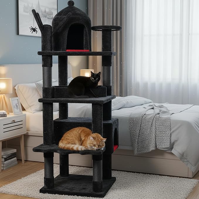 BEWISHOME Heavy Duty Cat Tree, 63 in Large Cat Trees Gothic Cat Tower with Coffin Bed, Cat Houses with Scratching Posts for Large Cats 20 lbs+, Tall cat Condos, Black & Red MMJ96R