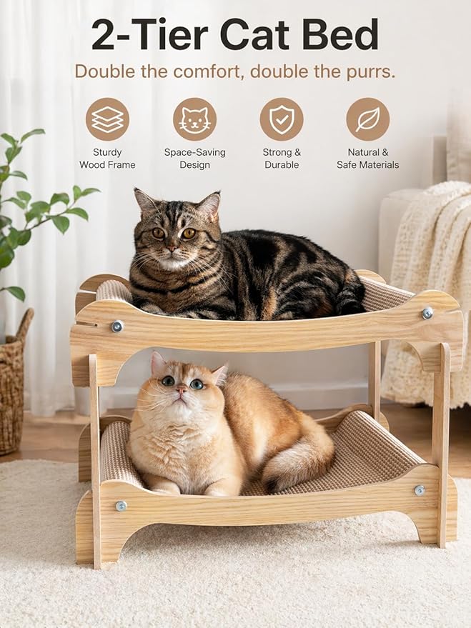 Two Level Sisal Cat Scratcher for Cats, Double Cat Bed with Interactive Hanging Plush Ball, 2 Tier Scratching Post for Indoor Small Medium Cats Kittens