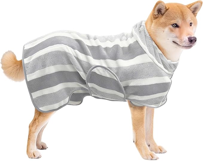 Fast Drying Dog Bath Robe, Super Absorbent Stripes Dogs Towel, Adjustable Warm Keeping Pet Puppy Bath Supplies (Grey, XS)