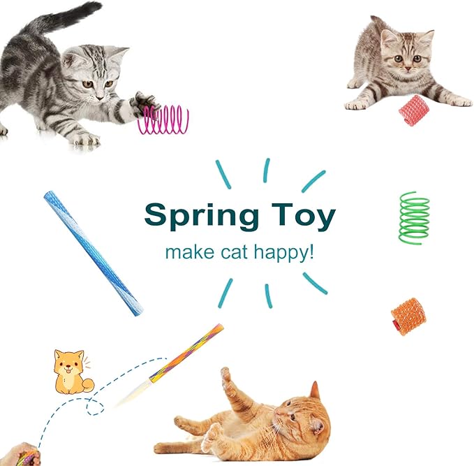 WishLotus Spring Cat Toys - 20pcs Colorful Cat Spring & Tube Toys with Telescopic Mesh Pole for Kitten Chew & Jumping Playtime