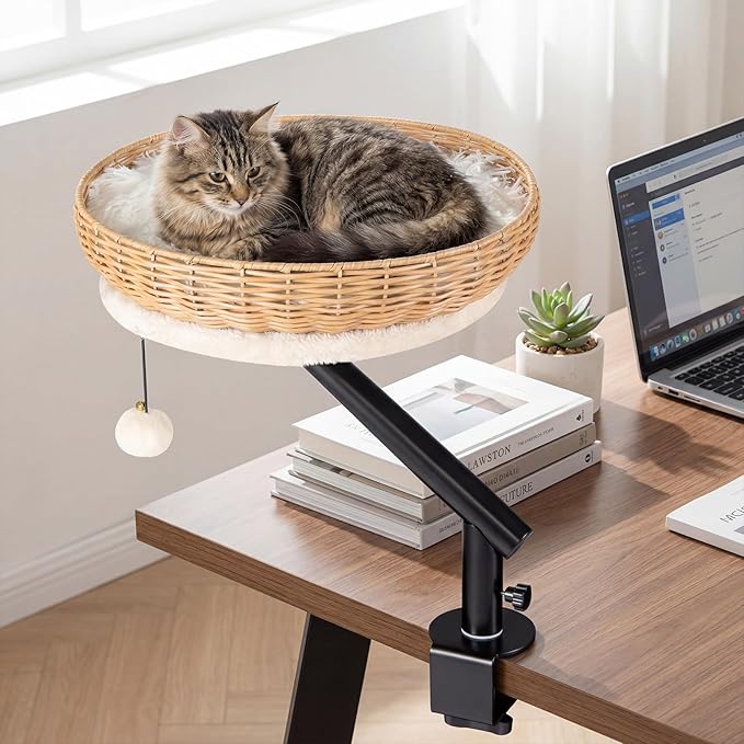 Tangkula Cat Desk Bed, 360° Rotatable Rattan Desk Cat Bed Attachment with Removable Padded Cushion, Hanging Jingling Ball & Secure Clamp, Elevated Pet Nest Perch Hammock for Various Desktops
