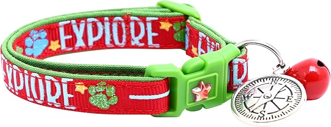 Explore Cat Collar with Charm & Bell | Safety Breakaway Collar | Adjustable Large Size or Kitten Collar (Red, Small(10lbs & Less))