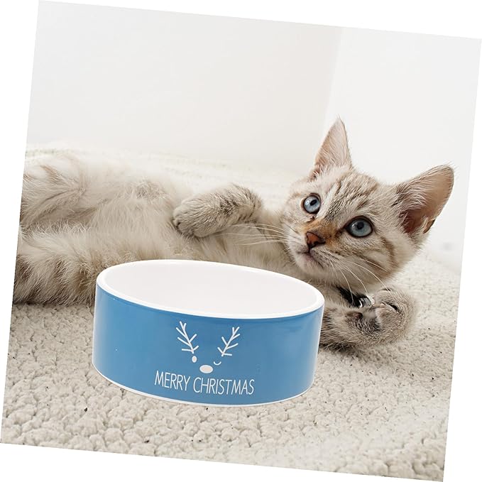 VILLCASE Christmas Ceramic Cat Bowl and Dog Feeding Dish with Snowman and Reindeer Pattern, Blue Porcelain Pet Food Bowl for Floor Feeding and Watering, Holiday Pet Supplies