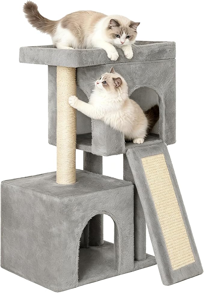 27 inch Small Cat Tree,Komicoll Multi-Level Cat Tower with Sisal Scratching Posts,2 Comfy Condos,Large Plush Top Perch Ideal for Indoor Cats and Kittens (Grey)