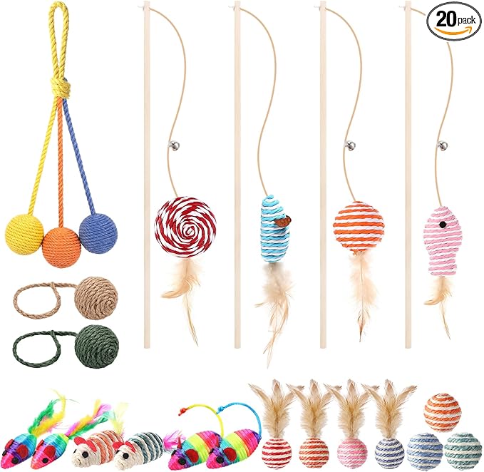Leitee 20 Pcs Cat Interactive Toys Set Wooden Cats Teaser Wand Toy with Feather Handle Chew Rope Mouse Sisal Balls with Bells for Indoor Kitten Play Chase Exercise (Mice Toy)