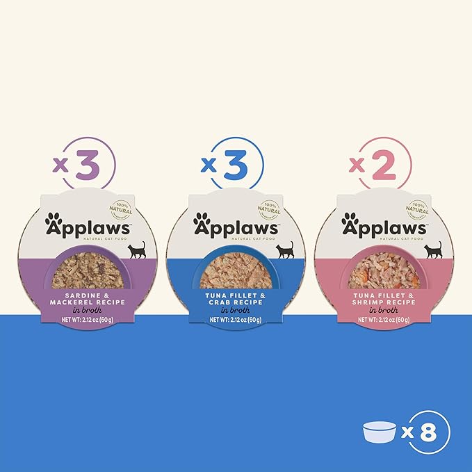 Applaws Natural Wet Cat Food, 8 Count, Limited Ingredient Cat Food Pots, Fish Variety Count in Broth, 2.12oz Pots