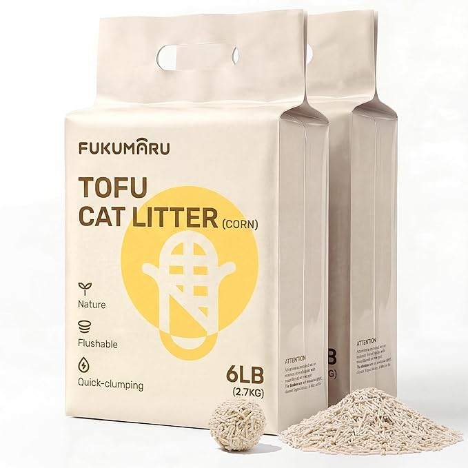 FUKUMARU Tofu Cat Litter - Natural Lightweight Mixed Corn Cat Litter Pellets, Dust Free Quick Clumping, Effective Odor Control, Flushable, Low Tracking, 12lb (2 Packs)