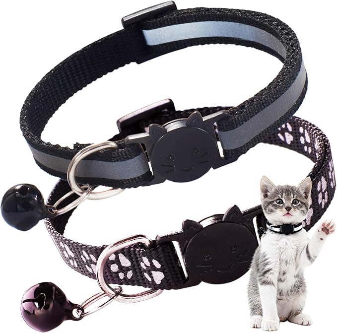 2 Pack Breakaway Cat Collar with Bells, Claw Print Reflective Kitten Collars Safety Buckle Adjustable for Girl and Boy Kitty Pets, Black
