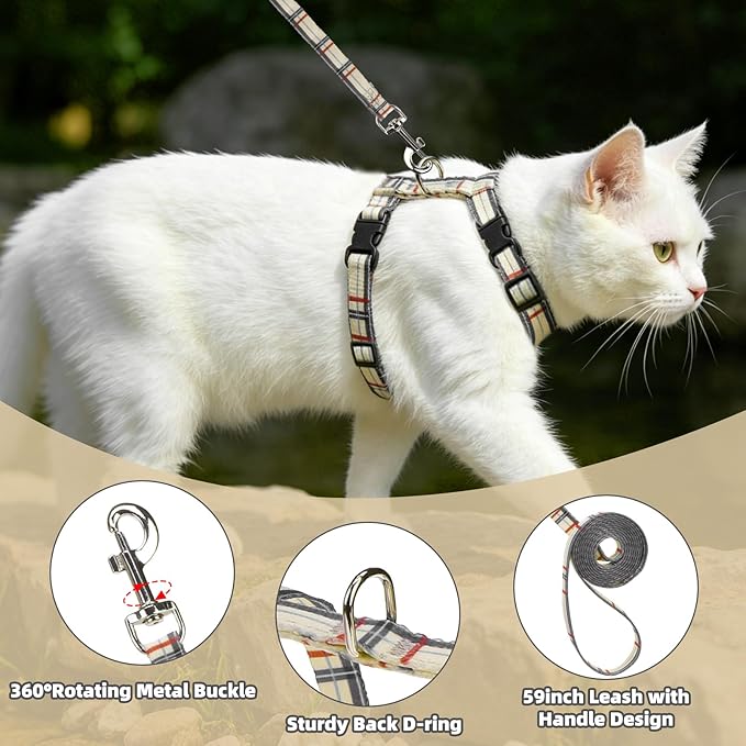 PUPTECK Adjustable Cat Harness and Leash Set Escape Proof Kitten Strap Collar for Walking Travel, Beige Plaid