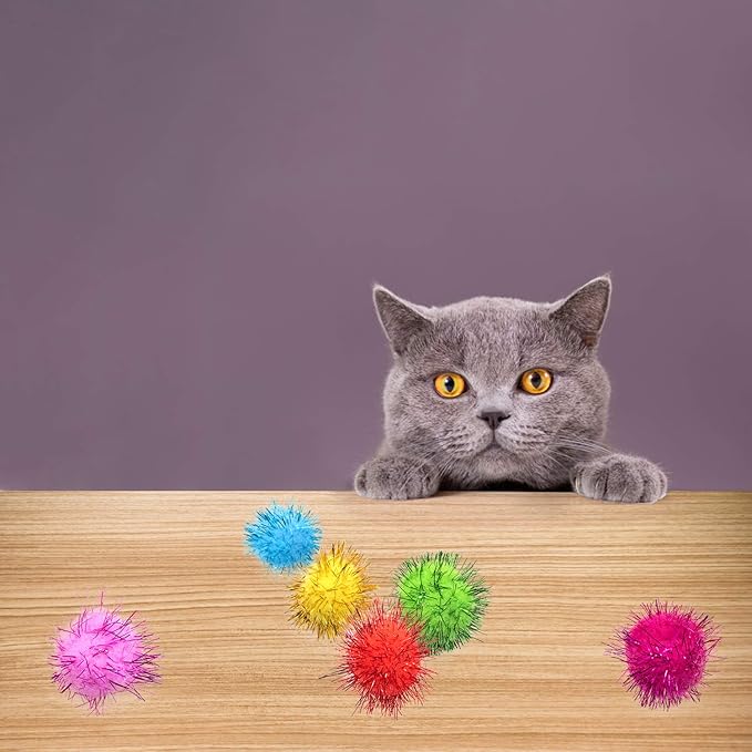 VAPKER 30 Piece 1.5" Blue Color Sparkle Balls Cat's Favorite Toy Tinsel Pom Poms Glitter