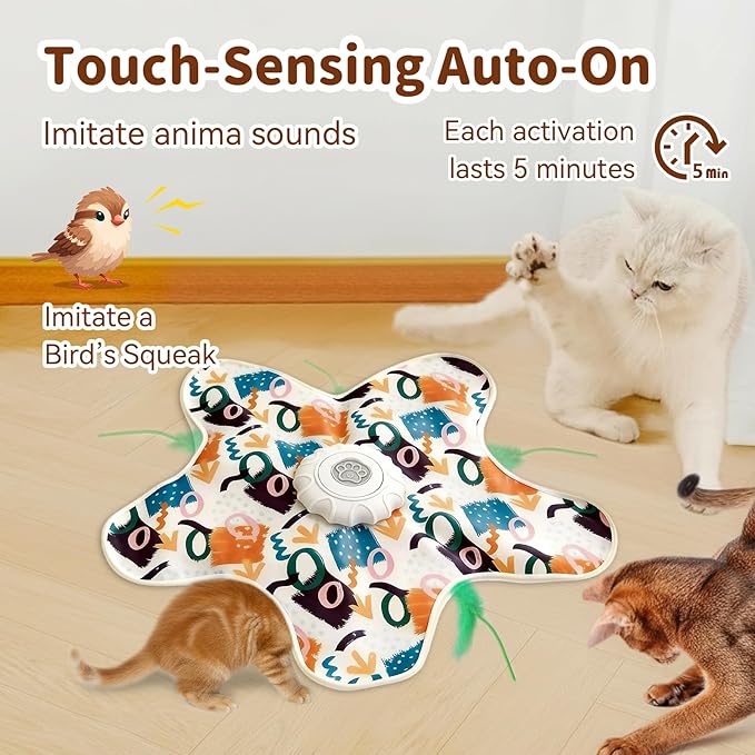 Interactive Cat Toy for Indoor Cats, Rechargeable Touch Activated Hide and Seek Cat Toys, Automatic Moving Concealed Wand Feather Toy for Bored Indoor Kitten Adult Cats, Real Bird Squeaky White