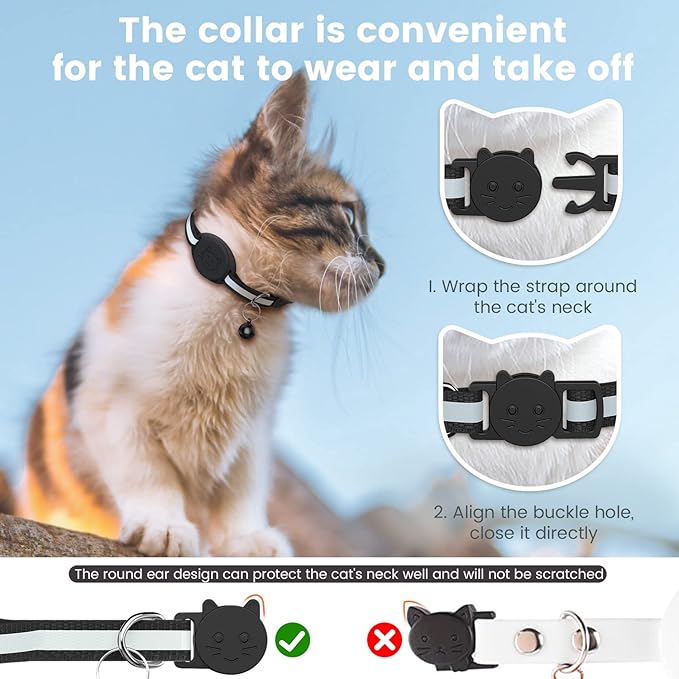 Upgrade Airtag Cat Collar, Reflective Kitten Cat Collar with Bell and Airtag Holder Compatible with Apple Airtags, Lightweight Airtag Cat Collar with Cat Pattern for Kitty Puppy