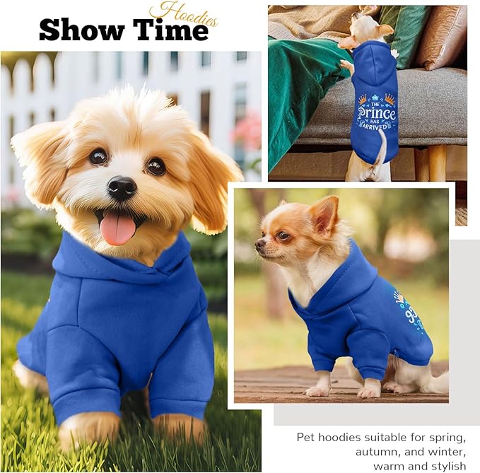 ABRRLO Small Dog Hoodie Clothes Cute Blue Prince Fleece Dog Sweater for Small Dogs Cat Boy Warm Puppy Sweatshirt with Leash D Ring Fall Winter XS Tiny Pet Doggy Outfit Chihuahua Yorkie Shihtzu(Blue,M)