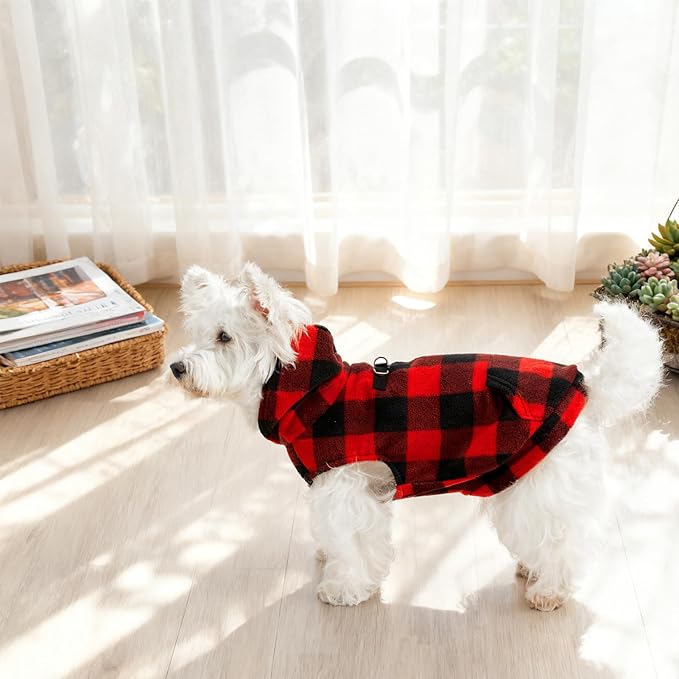 EXPAWLORER Dog Hoodie Fleece Sweater Vest, Plaid Dog Sweatshirt Fall Winter Pet Clothes with Leash Ring, Sleeveless Warm Cozy Puppy Clothing for Cat Small Medium Large Dogs Girl Boy, Checkered S