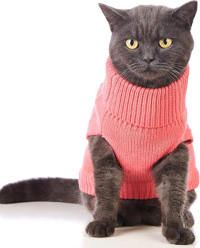 Stretchy Cat Sweater - 17 Colors & 6 Sizes | Snug Winter-Ready Knit for Boy/Girl Cats & Kittens (Pink, Large)