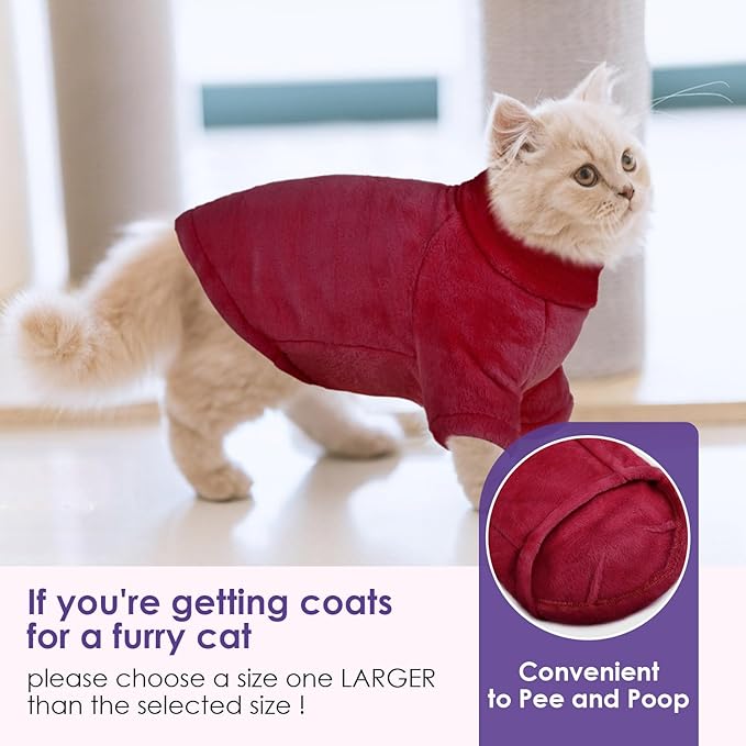 Turtleneck Sweater Coat for Cat, Sphynx Clothes Pajamas for Cats Only, Kitten Fleece Pullover Sweaters with Sleeves, Pet Warm Jumpsuit Sweatshirt for Cold Weather, Burgundy XL