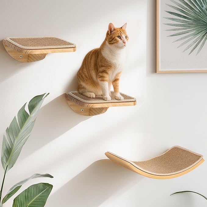 Wall Mounted Cat Steps 2 Pack – Square Wood Cats Shelves with Felt Cushions for Climbing, Jumping & Resting