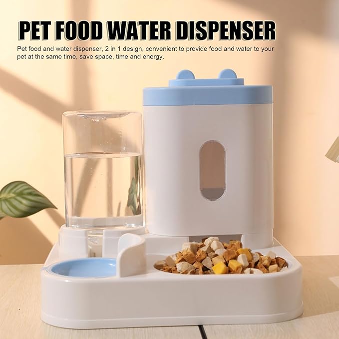 2 in 1 Automatic Cat Feeder and Water Dispenser, Large Capacity Self Feeding Dog Food Dispenser Gravity Food Bowl with 1l Water Tank for Multiple Pets (Blue)